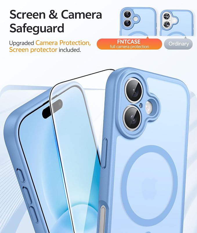 FNTCASE for iPhone 16 Case, Fit for Magsafe, Screen Protector, Light Blue | Full Camera Protection, Translucent Matte, 14FT Military Grade Drop Proof, Shockproof Protective Phone Cover - Image 4