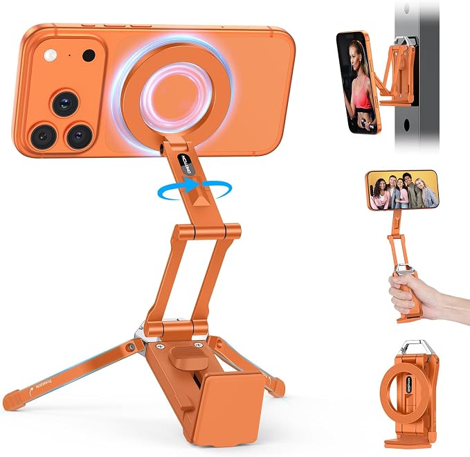 OMOTON TP02 360°Rotating Adjustable Aluminum for MagSafe Tripod, Orange | Magnetic Phone Tripod for iPhone 17/16/15 Pro Max Air, Foldable Cell Phone Stand Fits Vlog, Gym Travel Essentials Accessories by OMOTON