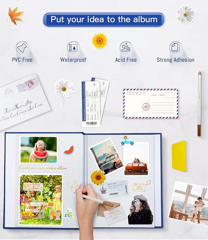 Popotop Photo Album Self Adhesive with Picture Display Window,40 Pages DIY Scrapbooking Supplies Kit for 4x6 8x10 Picture,Linen Cover Memory Book for Baby Wedding, with Scraper and Metallic Pen - Image 4