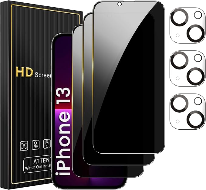 Romkasi 3 Pack Privacy Screen Protector for iPhone 13 6.1 Inch with 3 Pack Camera Lens Protector, Anti Spy Tempered Glass Film, Anti-Scratch, Touch Sensitive, Case Friendly by Unknown