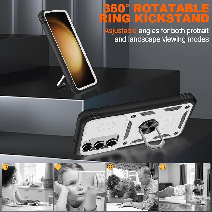 Fit for Samsung Galaxy S23 Plus+ Case with Screen Protector*2, Build in 360° Rotating Ring Kickstand, Military Grade Protective Case for Samsung S23 Plus Phone, White+Black - Image 8