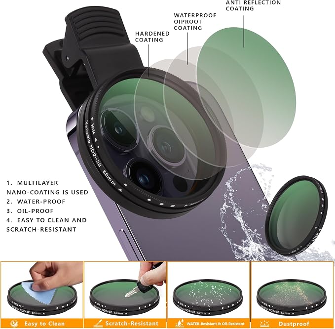 52MM Clip-on Variable ND2-32(1-5 Stops) Phone Lens Filter Kit, Ultra Slim Multi-Coated Adjustable Neutral Density Filter, Compatible for iPhone 16 15 14 13, Google Pixel and Other Smart Phones - Image 3