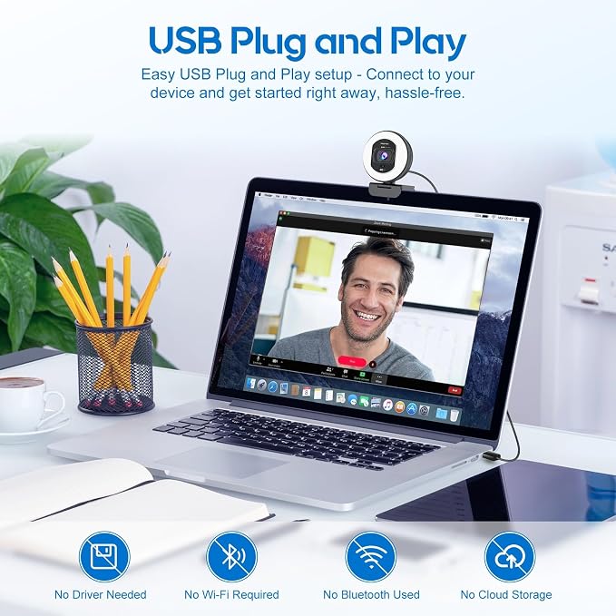 4K Webcam with Ring Light & Built-in Microphone for PC Streaming | PDAF Autofocus,Supports 1080P 60FPS, Comes with Privacy Cover, Compatible with Zoom, Skype, Google Meet, Laptop Desktop Mac - Image 7