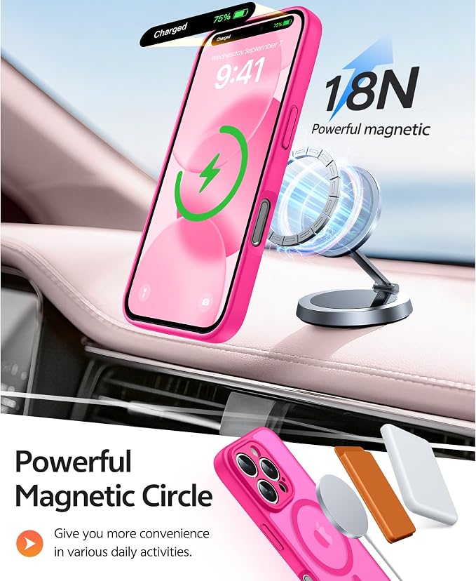 FNTCASE for iPhone 16 Pro Max Case, Fit for Magsafe, Glass Screen Protector | Full Camera Protection, Translucent Matte, 14FT Military Grade Drop Proof, Shockproof Protective Phone Cover, Hot Pink - Image 3
