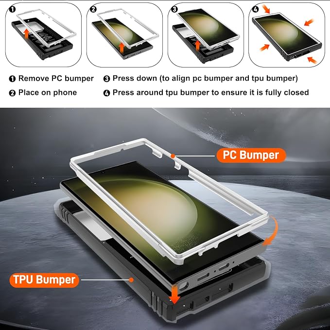 Gritup for Samsung Galaxy S23 Ultra Case with 2PCS Screen Protector, Build in 360° Rotating Ring Kickstand, Military Grade Protective Case for S23 Ultra Phone, White+Black - Image 4