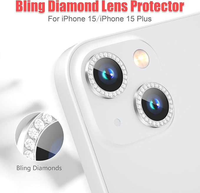 AGVEE 3+3 6 Pack for iPhone 15/15 Plus Camera Lens Protector Cover | Individual Bling Diamond & Bling Glitter Sparkle Cute Gem Metal Ring, 9H Tempered HD Glass - Image 4