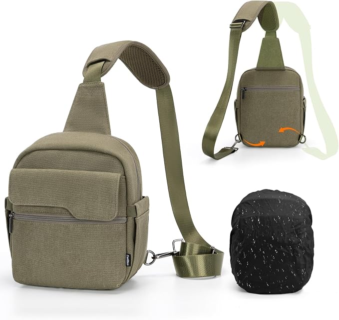 Cwatcun Sling Camera Bag Canvas, Compact Crossbody Case with Rain Cover | Fits 1DSLR+1lens +7.9"iPad +6.1"phone. Travel Photography Bag for Canon, Nikon, Sony, Fuji DSLR/SLR/Mirrorless Cameras, Lens by FocusonCameraBag
