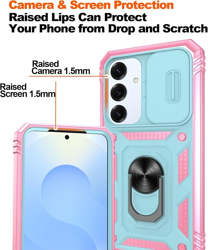Gritup Fit for Samsung Galaxy S25 Case with Slide Camera Cover | 2 Pcs Screen Protector, Build in 360° Rotating Ring Kickstand, Military Grade Protective Phone Case, Green+Pink - Image 5