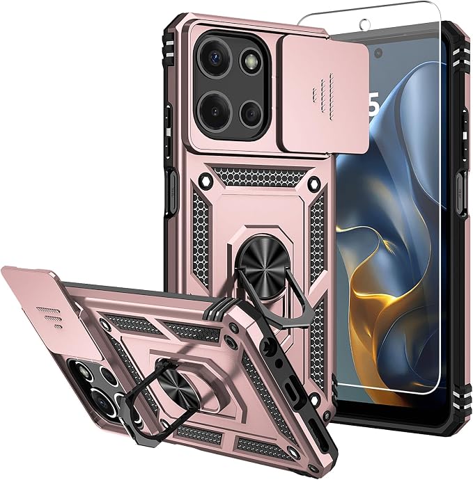for Moto G 2026 /Moto G Play 2026 Case,with Screen Protector and Camera Cover,[Military Grade] 16ft.Drop Tested Cover with Magnetic Kickstand Protective Case for Motorola G 2026, Rose Gold by SKMY