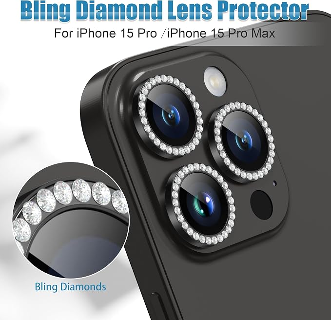 AGVEE 3+3 6 Pack for iPhone 15 Pro & Max Camera Lens Protector Cover | Individual Bling Diamond & Bling Glitter Sparkle Cute Gem Metal Ring, 9H Tempered HD Glass - Image 4