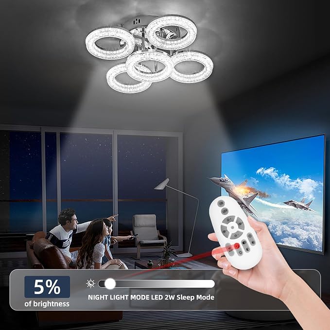 Modern Ceiling Light, 5 Rings 16.9'' Dimmable LED 49W Flush Mount Ceiling Lights with Remote Acrylic Crystal Round Ceiling Light Fixture, Bedroom Living Room Dining Room, Chrome - Image 6