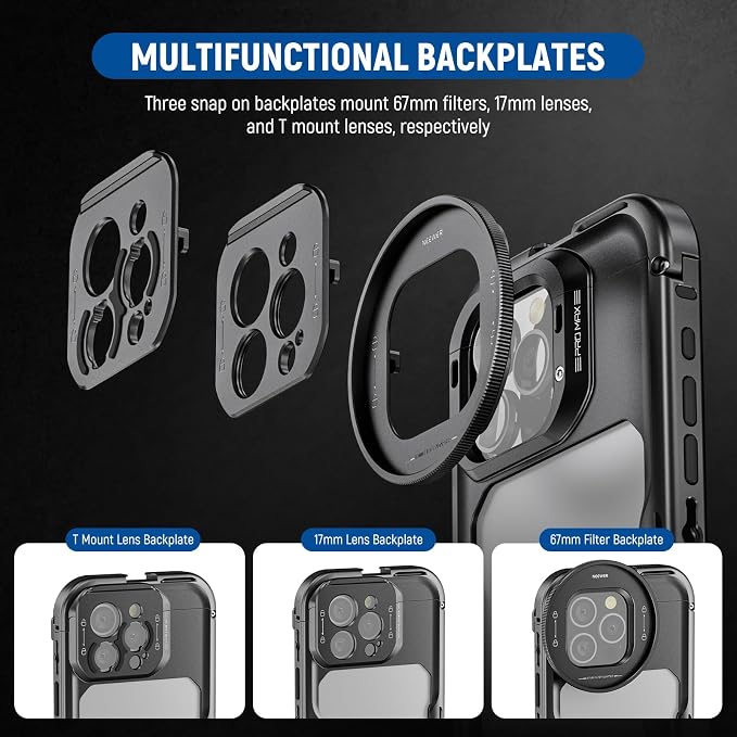 NEEWER 16 Pro Max Cage, Quick Release Video Rig Phone Stabilizer Compatible with iPhone 16 Pro Max with Adapters of 67mm Filter, 17mm Lens & T Mount Lens, Full Camera Control Access, PA074 - Image 3