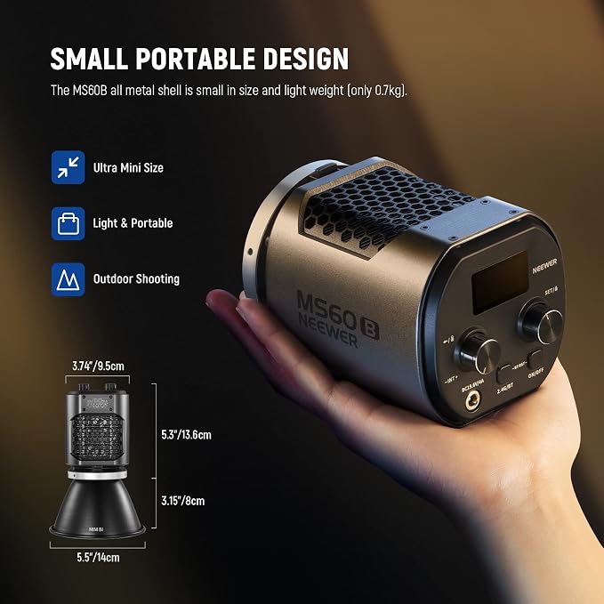 NEEWER MS60B LED Video Light 2.4G/APP Control, 65W Metal Mini Compact COB Continuous Output Lighting Spotlight 2700K-6500K, 40000lux@1m, CRI 97+/TLCI 98+, 12 Effects, PWM Dimming, Bowens Mount, Silver - Image 3