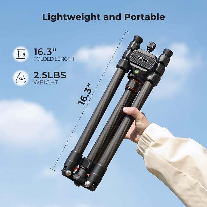 K&F CONCEPT 64" Carbon Fiber Camera Tripod with 1.4" Metal Ball Head | Lightweight Travel Tripod, Max Load 17.6lbs, Quick Release Plate, For DSLR Camera Indoor Outdoor, O254C2+BH-36 - Image 2