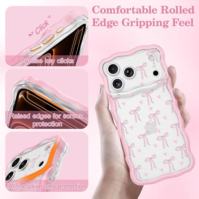 QLTYPRI for iPhone 17 Pro Max Pink Bow Case, Clear Cute Pink Ribbon Bow Phone Case Curly Wavy Aesthetic Phone Cover, Soft Slim Transparent TPU Shockproof Protective Cover for Women Girls - Love Bow - Image 3