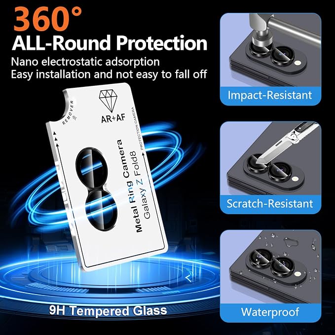 for Samsung Galaxy Z Fold 8 Camera Lens Protector, Individual Metal Ring Tempered Glass Lens Cover, [Strong Adsorption] Scratch Resistant Ultra-Thin HD Clear Lens Cover, 1 Set-Black Ring - Image 3