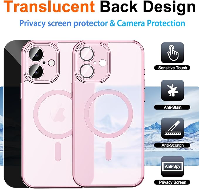 for iPhone 16 Plus Case with Privacy Screen Protector, Pink | Full Camera Protection, Matte Translucent, Magnetic, Compatible with MagSafe, Shockproof Phone Cover for Women/Girls - Image 2