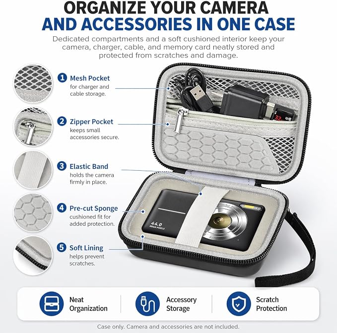 Comecase Digital Camera Case for Kodak PIXPRO FZ55/FZ45/ for CAMKORY, Black | Hard Shell Storage for Lecran/ for VAHOIALD, Mesh Pocket, Wrist Strap, Compact for Travel School and Daily Storage. Case only - Image 9