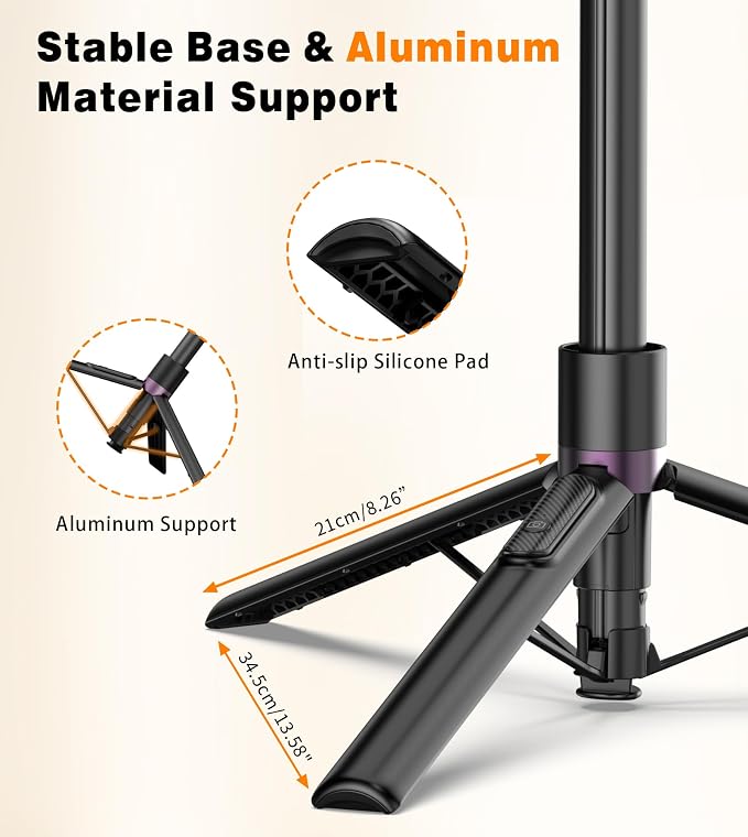 TONEOF 68" Magnetic Aluminum Phone Tripod Selfie Stick for iPhone & Android | Rechargeable Remote,360° Rotatable Foldable Cell Phone Stand Holder with Metal Ring,Travel Tripod for Magsafe (Black) - Image 7