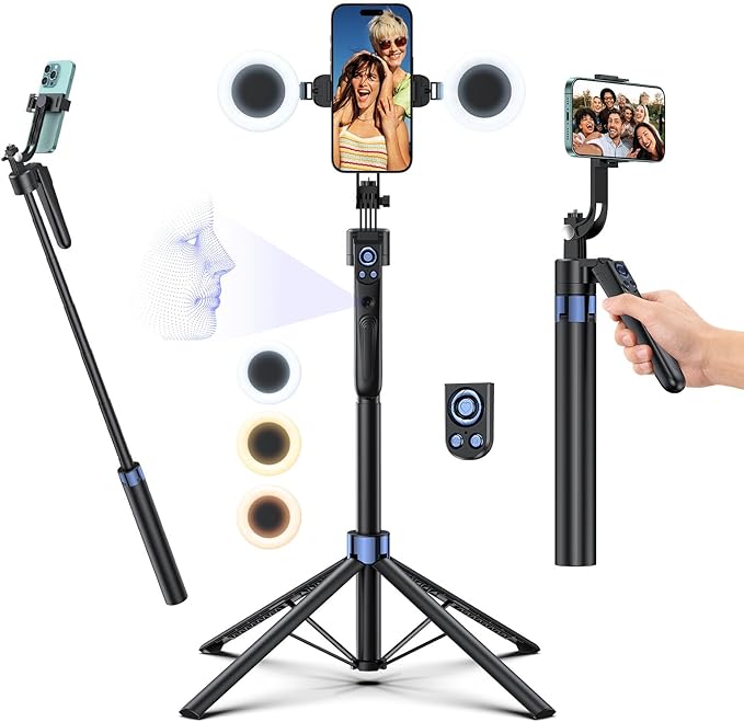 Smart Face Tracking Tripod Selfie Stick with LED Light, 360° Rotating 70" Phone Camera Stand with Bluetooth Remote, Perfect for Video Recording, Live Broadcast, and Social Media Content by Unknown