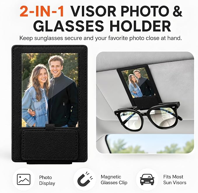 2-in-1 Car Visor Sunglasses & Photo Holder, Magnetic PU Leather Glasses Clip with Picture Display Slot, Universal Sun Visor Organizer for Eyeglasses, Personalized Cards & Memories, Black - Image 3