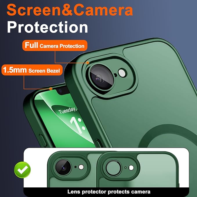 Magnetic for iPhone 17e Case & iPhone 16e Case, Green | Full Camera Protection, Privacy Screen Protector, Compatible with MagSafe, Translucent Matte Shockproof Cover for 17 e 16 e - Image 5