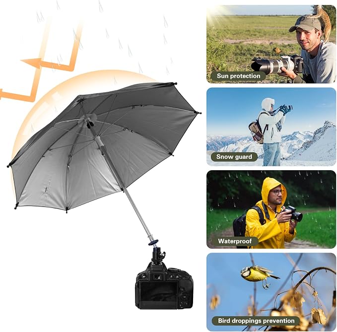 Camera Hot Shoe Umbrella, 360 Swivel DSLR Camera Sunshade & Rain Cover for Camera with Hot Shoe, Waterproof Photography Accessory for Outdoor Photographing, Filming, Live Streaming, 20 Inch - Image 4