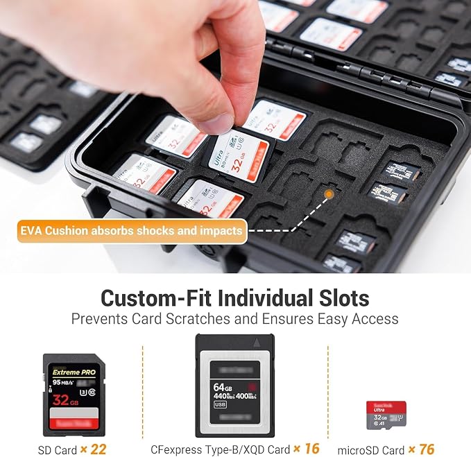 114 Slots IP67 Waterproof Memory Card Holder for SD XQD CFexpress Type-B | 114-slot large capacity, holds 76 Micro SD, 22 SD & 16 CFexpress Type-B/XQD cards, shockproof, photographer outdoor use - Image 2