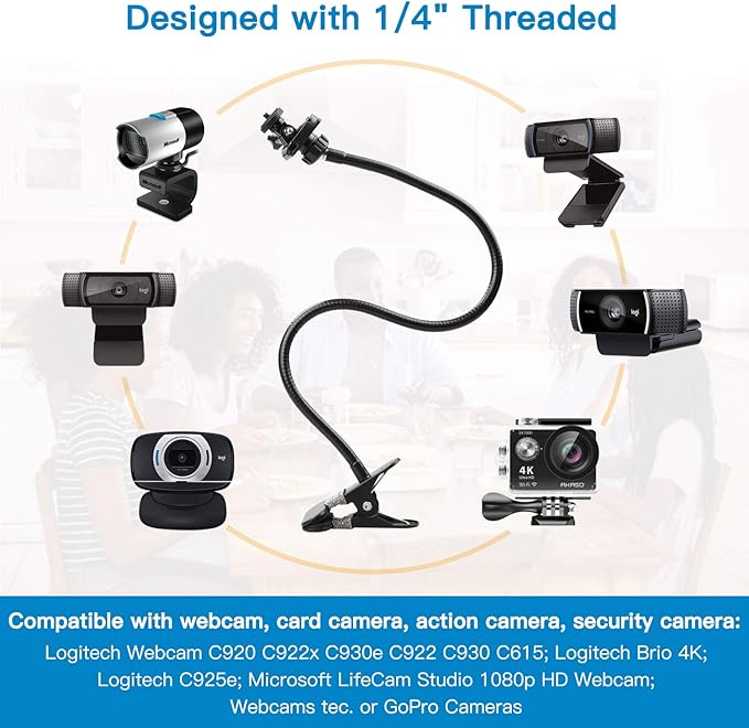 Pipishell 25 Inch Webcam Stand, Flexible Desk Mount Clamp Gooseneck Stand for Logitech Webcam C960 C930e C930 C920 C920S C922x C922 Brio 4K C925e C615 and Other Devices with 1/4" Thread-PIWS01 - Image 2