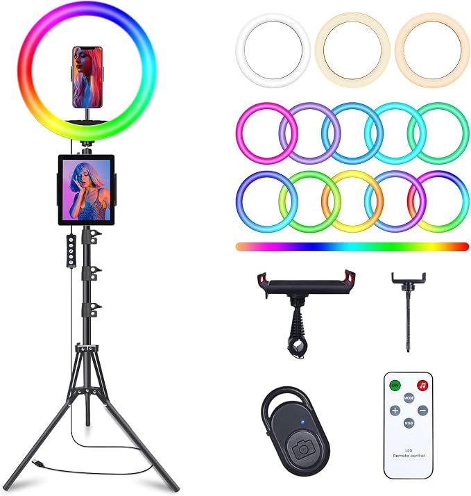 10" Selfie Ring Light with 73" Tripod Stand & 1 Phone Holder, LED Camera Ringlight with 48 RGB Colors Modes & Musical Rhythm Mode and 12 Brightness Dimmable for TikTok/Makeup/Photography/Vlog by Herrfilk