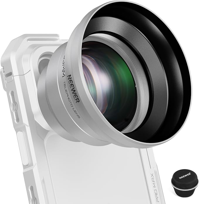 NEEWER 65mm HD Telephoto Phone Camera Lens with Hood (Silver), 1.7X Zoom Lens Attachment for 17mm Thread Backplate, Phone Cage & Case Compatible with iPhone Android, LS-66 by Neewer