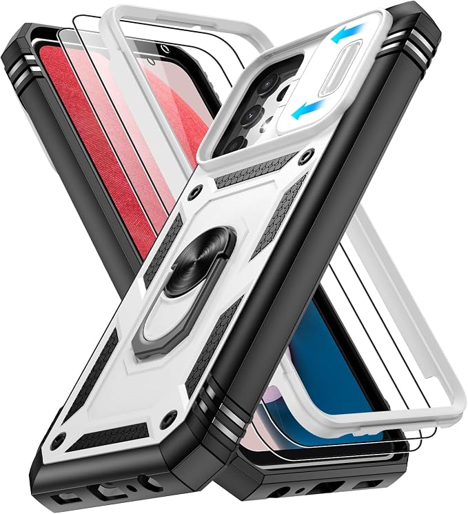 Gritup for Samsung Galaxy A13 4G Case with 2PCS Screen Protector, Build in 360° Rotating Ring Kickstand, Military Grade Protective Cover for A13 4G Phone, White+Black by Gritup