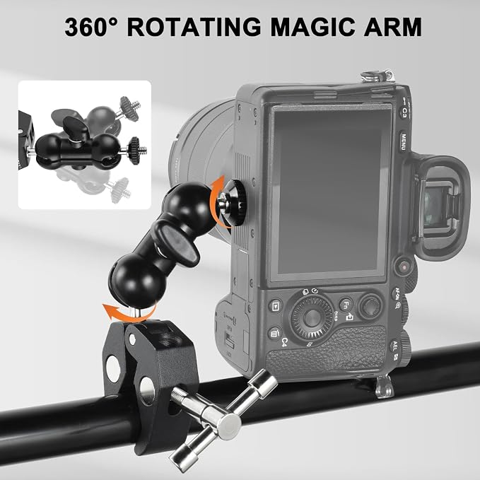 Super Clamp Camera Mount with 360° Ballhead Magic Arm, Black | Super Clamp Mount with 1/4" and 3/8" Thread, Desk/Bike/Bicycle/Motorcycle/ Handlebar for GoPro, Phone, Camera, Monitor - Image 4