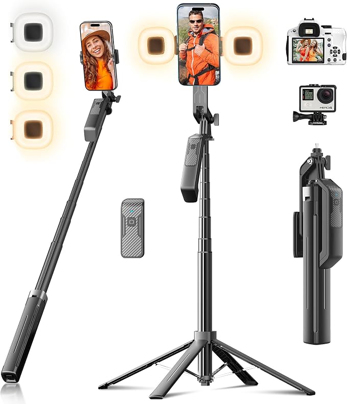 Selfie Stick Phone Tripod - 71 inch Tall Cell Phone Holder with Detachable Wireless Remote and 2 LED Lights for Recording, Video and Picture, Phone Stand for iPhone, Android, Camera & Gopro by Funxee