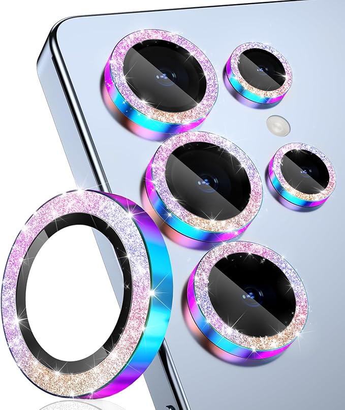 CloudValley for Samsung Galaxy S25 Ultra Camera Lens Protector Bling | 9H Tempered Glass + Aluminum Alloy Lens Protective [Glitter Decoration] Ultra-HD Camera Cover,Glitter Titanium Colorful by CloudValley