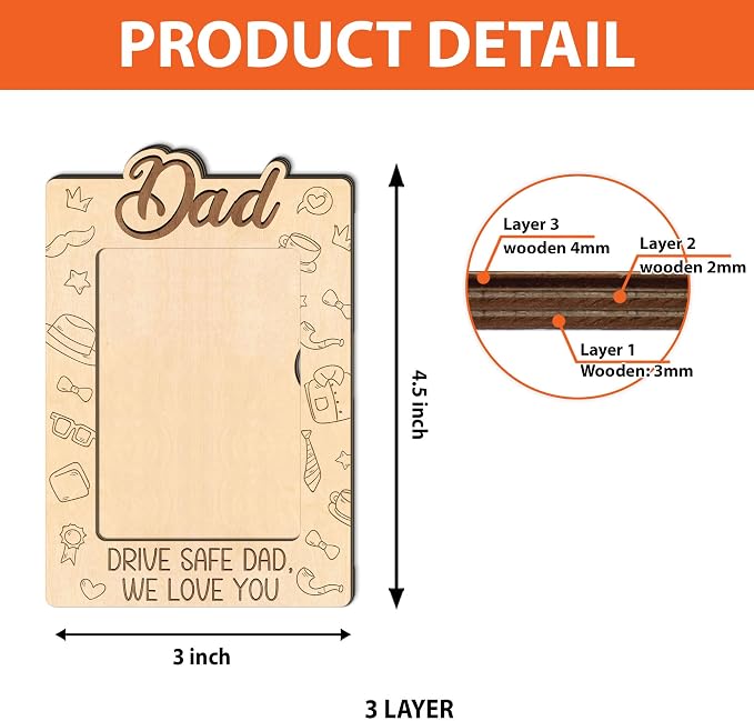Personalized Dad Car Visor Clip Picture Frame, Daddy Photo Frames, Car Wooden Picture Holder for Father, Gift for Daddy Car Accessories, Drive Safe Dad Visor Clip, We Love You - Image 6