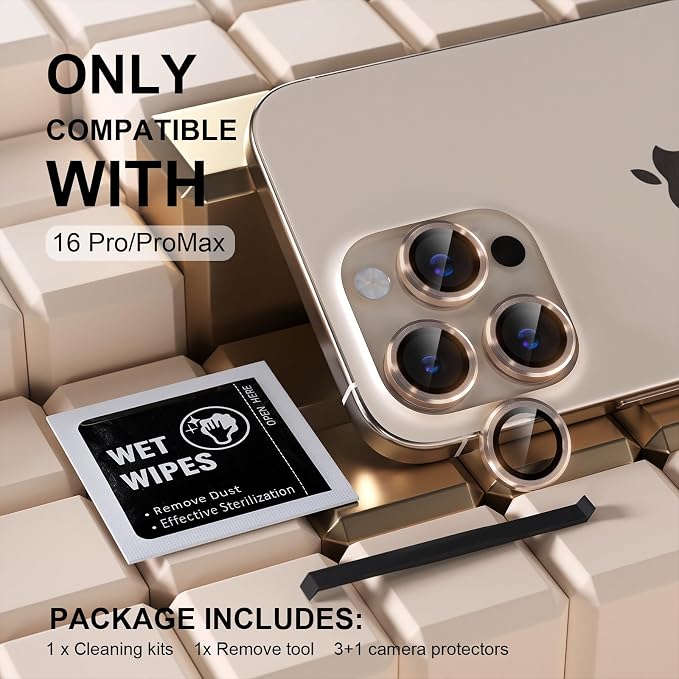 Misea Compatible for iPhone 16 Pro/iPhone 16 Pro Max Camera Lens Protector | 9H Tempered Glass Ultra HD Bling Camera Screen Protector Cover Metal Individual Ring Accessories, Desert Titanium - Image 2