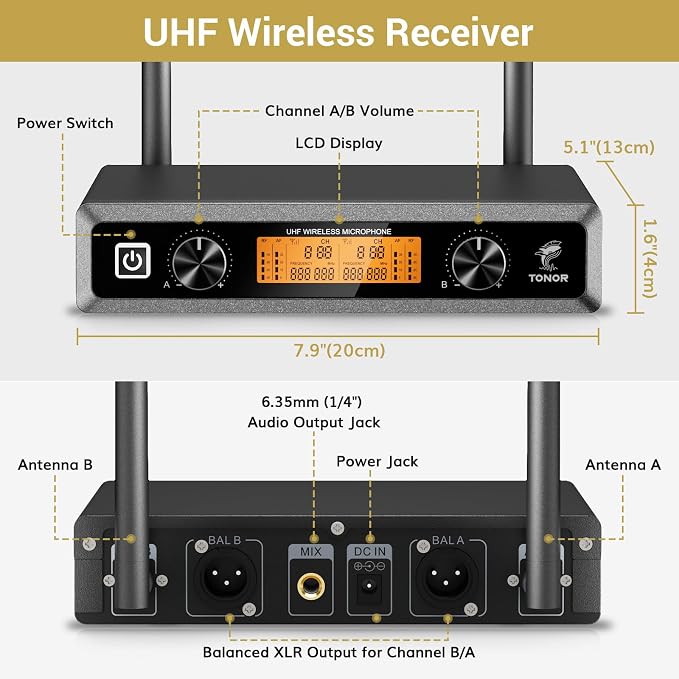 TONOR UHF Wireless Microphones System with Headset/Lavalier Lapel Mics, Bodypack Transmitter, Receiver, 2 * 15 Channels, 60 m/200ft Range for Live Singing Karaoke Church Party DJ, 2 Bodypack Mics - Image 3