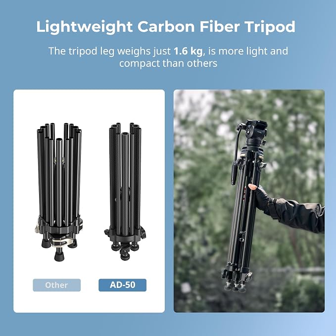 SmallRig AD-50 Carbon Fiber Video Tripod 64" Lightweight Fluid Head | Max. Payload 13.2lb, Step-Less Damping Fluid Head, Detachable Handle, Lift Rope, for Camcorder and Cameras - Image 3