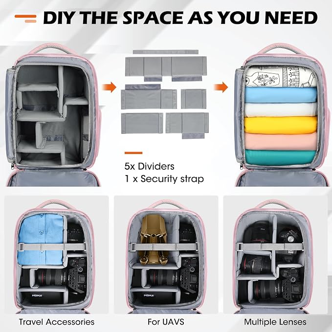SDYSM Camera Bag Backpack Professional for DSLR SLR Mirrorless Camera | 14 Inch Waterproof Camera Laptop Backpack with Rain Cover Anti Theft Travel Case Large Capacity Photography Backpack, Pink - Image 5
