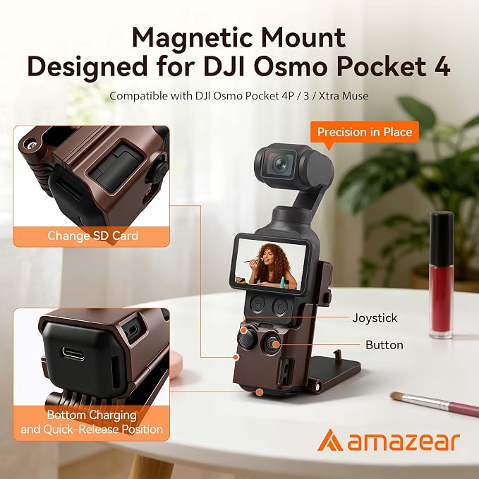 AMAZEAR Magnetic Mount Stand Compatible with DJI Osmo Pocket 4P/4/3/Xtra Muse, Pocket4 Accessories Adapter Clamp Magnet Suction Case Holder on Desktop/Vertical Surface, 180° Adjustable Handle, Brown - Image 2