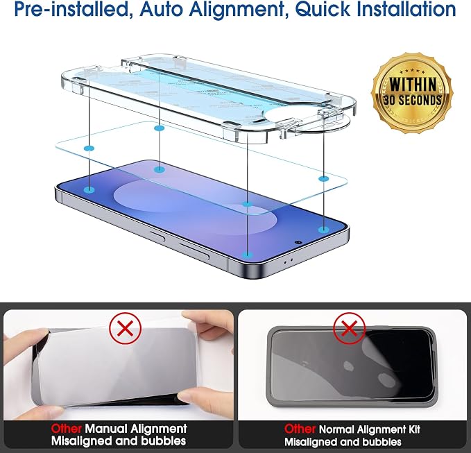 amFilm OneTouch for Samsung Galaxy S25 FE Screen Protector Tempered Glass | Auto-Alignment, 30s Install, Bubble Free, Scratch & Drop Protection, HD Clear, Camera Lens Protector, 2+2 Pack (S25E-6.7'') - Image 3