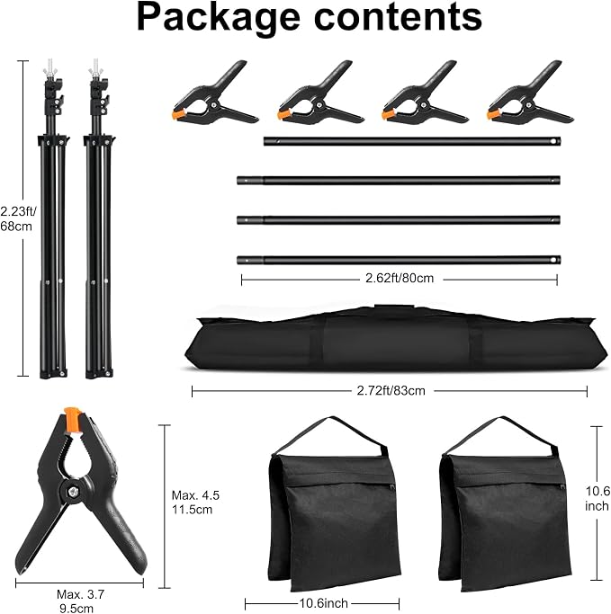 10x7ft Adjustable Photography Backdrop Stand Kit – Photo Studio Background Support with 4 Crossbars, 4 Clamps, 2 Sandbags (with 10 * 7 Feet Black Backdrop Curtain) - Image 3
