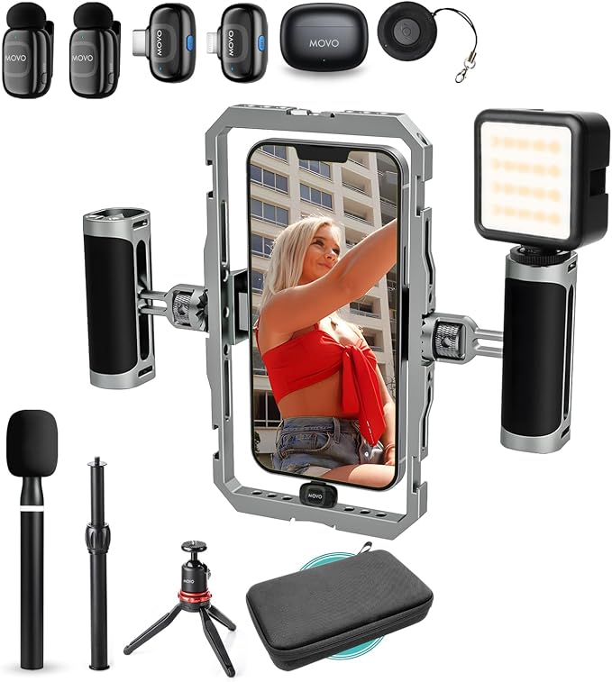Movo iFilmer-PRO Smartphone Video Rig Kit – Stabilizer Cage with Dual Grips, Wireless Lavalier Microphones & Tripod for iPhone/Android by Movo