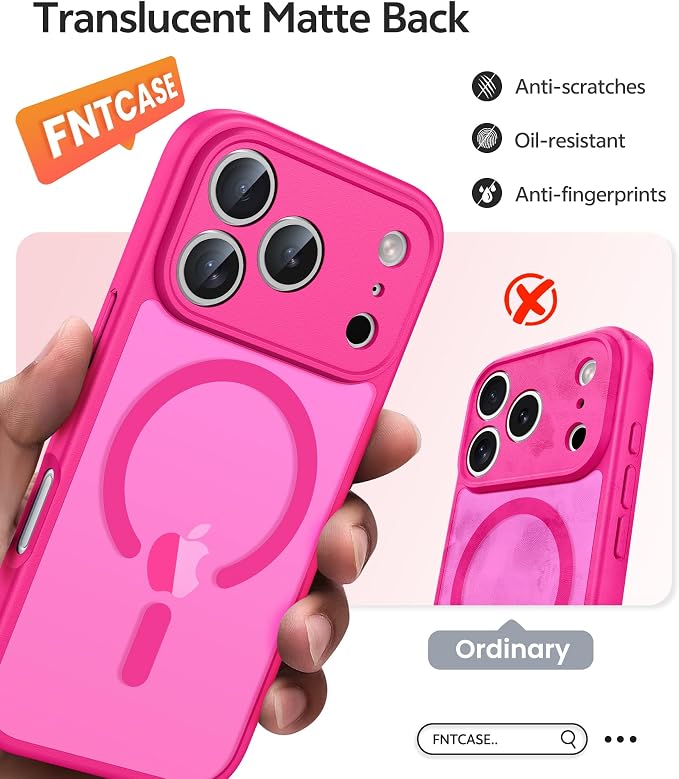 FNTCASE for iPhone 17 Pro Case, Fit for Magsafe, Screen Protector, Hot Pink | Full Camera Protection, Translucent Matte, 14FT Military Grade Drop Proof, Shockproof Protective Phone Cover - Image 6