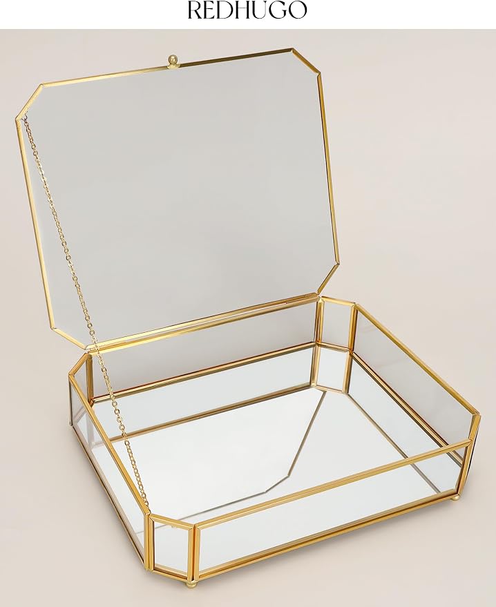 REDHUGO Large Glass Boxes for Display Handmade, Octagon, Gold | Handmade Glass Jewelry Box with Mirrored Bottom and Lid, Ideal for Trinkets, Photos, Keepsakes and Vanity Decor - Image 3