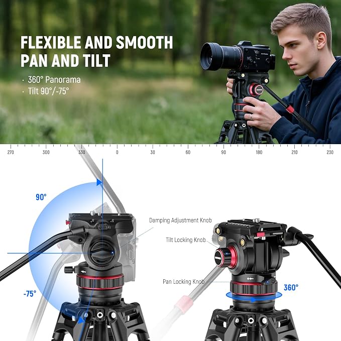 NEEWER 78" Video Camera Tripod Carbon Fiber with Damping Adjustable Fluid Head, One Step Quick Release with QR Plate & Handle, Heavy Duty Tripod Stand for DSLR Cameras Camcorders, Max Load 22lb, LL37 - Image 4