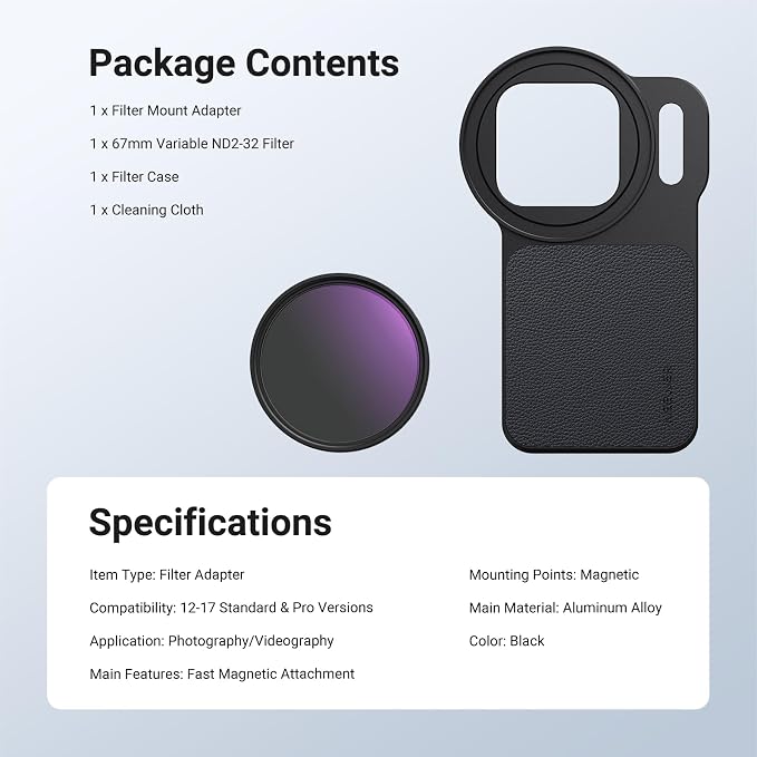 NEEWER 6.3" Magnetic Phone Lens Filter Mount Adapter Backplate Accessories with 67mm Variable Neutral Density Filter (ND 2-32) Compatible with MagSafe iPhone 12/13/14/15/16/17 & Pro Versions - Image 9
