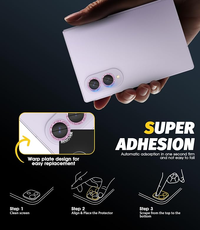 Orzero (2 Sets) Camera Lens Protector for Samsung Galaxy Z Fold 8, [EZ Install] [Case-Friendly] 9H Tempered Glass Bling Lens Cover Accessories, Military-Grade Shockproof, HD Clarity Anti-Glare - Glitter Purple - Image 6