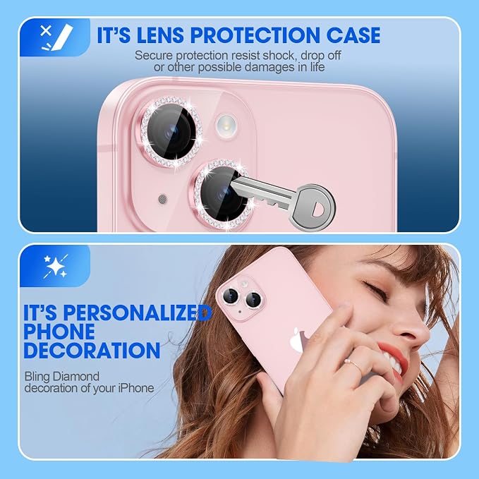 for iPhone 15/15 Plus Camera Lens Protector Bling Diamond, Pink | Individual Metal, 9H Hardness, Scratch Resistant, Shockproof, Drop Protection, Case Friendly, Stylish Accessories - Image 3
